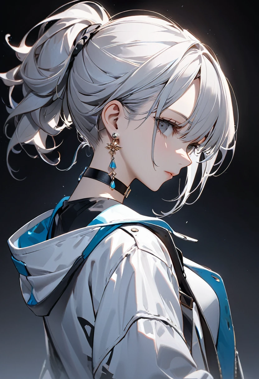 best quality, beautiful, 8K, expressionless, looking back, jacket, earrings, choker, concept