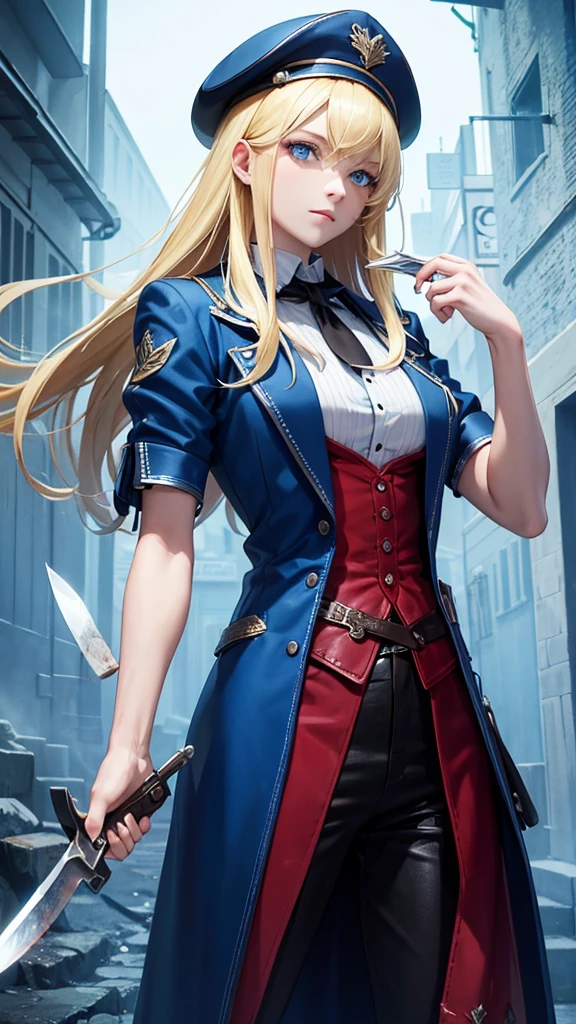 Blonde hair, knife in hand with blood, blue eyes, colorful clothes with hat