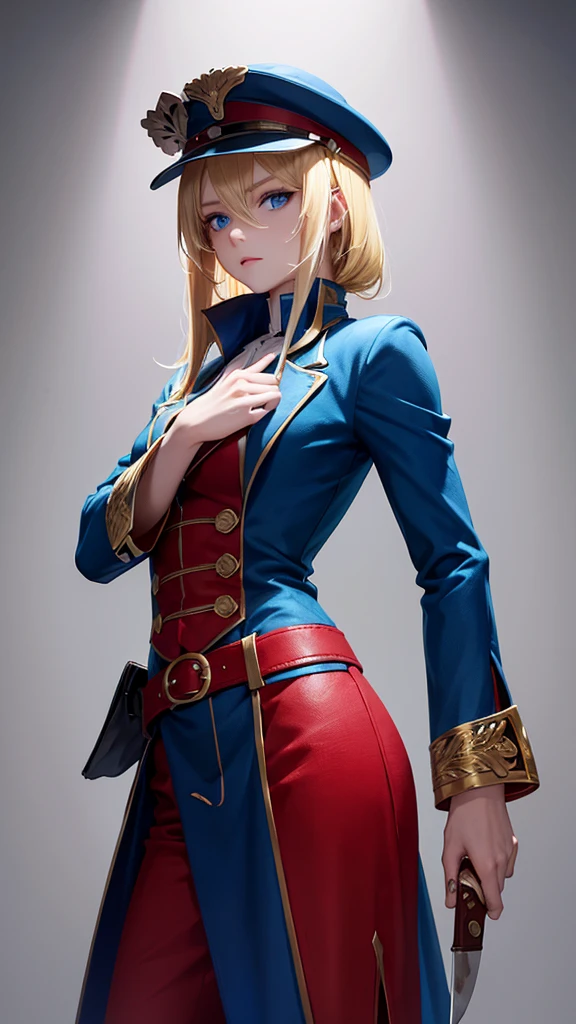 Blonde hair, knife in hand with blood, blue eyes, colorful clothes with hat