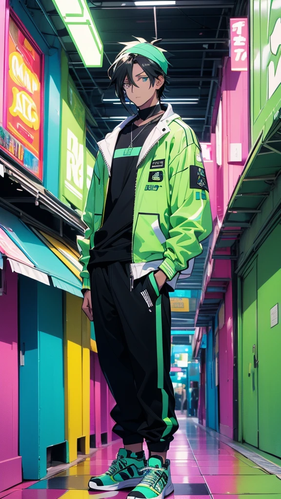 (facefocus), (only one person). A young adult with fair skin, with a toned and defined body. He has mint colored eyes, short dark blue straight hair and messy wavy. He wears a black bandana on his forehead, has a very colorful and lively style of clothing. He wears a mint green faux leather jacket, a black shirt underneath, black jogger pants and mint-colored high-top sneakers. He has a determined expression on his face and is standing in the middle of an arcade with several vibrant colors..