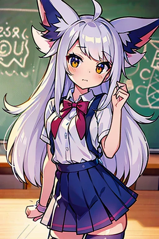 anthro eeveelution, , cute, SFW, sassy expression, school girl uniform, classroom, silver fur,
