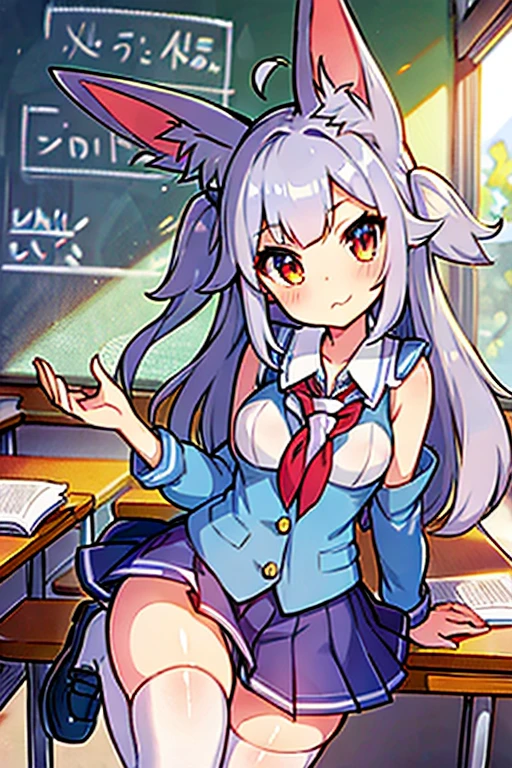 anthro eeveelution, , cute, SFW, sassy expression, school girl uniform, classroom, silver fur,
