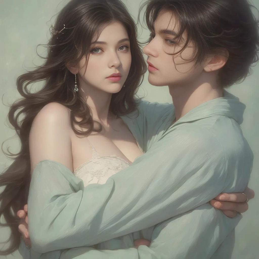 High-quality images of couples: blond man (Tall、Statue-like、Handsome and、Brave young man、Blue eyes、Curly golden hair、Wearing a grey antique military uniform) A woman with black hair (long straight black hair、Long Bangs、Blackberry eyes、A beautiful young femme fatale、naked、PRİNCESS、Hugging。They are in love with each other。Created by Boris Vallejo「Ideal Anatomy」The sketch of、It is characterized by being very detailed.。masterpiece、Detailed study of the face、Beautiful Face、Features of Beautiful Face、Perfect Image、Realistic shots、Detailed study of the face、Full body image、8k、Detailed Images、Highly detailed illustration、A true masterpiece of the highest quality、Careful drawing。Bare Skin、Gown and naked watercolor、