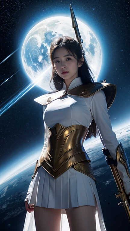 White combat uniform、skirt、Goddess of War、Staff、High resolution、Unknown powers、thunder、Wind、inflammation、muscle、Planetary alignment、Starry Sky、Blue light、Laser beam、God&#39;s Weapon、Diffuse reflection of light、Cyber Valkyrie