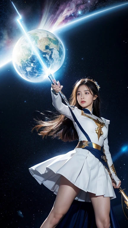 White combat uniform、skirt、Goddess of War、Staff、High resolution、Unknown powers、thunder、Wind、inflammation、muscle、Planetary alignment、Starry Sky、Blue light、Laser beam、God&#39;s Weapon、Diffuse reflection of light、Cyber Valkyrie