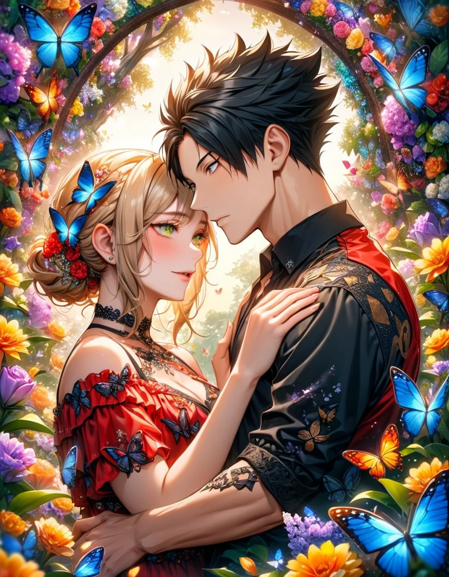 Ultra detailed, HDR, Highres, absurdres, master piece, Aida, ash blonde hair, expressive green eyes, Kuroo Tetsurou, black hair, expressive yellow eyes, red jacket, black shirt, Haikyuu!, flowers, butterflies, fantasy, magical, green leaves, summer, a beautiful woman together with a handsome man, couple, love, sensual, island