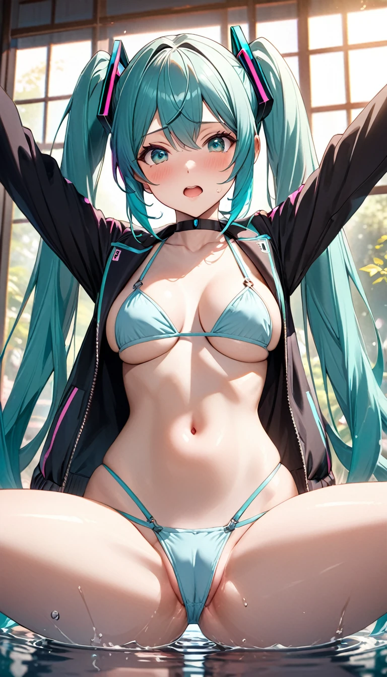 Masterpiece、最high quality、high quality、High definition、High resolution、High detail、Lens flare、Ray Tracing、high qualityのテクスチャー、high qualityの影、Beautiful details、Detailed explanation、Detailed texture、Realistic facial expression、Realistic and colorful、Delicate、Cinematic Light、Side light、Sharp Focus、(1 Girl:1.3)、(Intricate detailakeup、Pure Eros Face_v1:0.5)、(Details Beautiful delicate face、Detailed beautiful delicate eyes、Perfect Facial Proportions、Detailed skin、Charm)、Facial expression during orgasm、Fancy Twin Tails、Beautiful bangs、(Two-tone gradient hair color)、slender、(Upturned beautiful breasts)、(Detailed crotch、Open crotch、Showing off your crotch)、Female juice、Experiencing the best orgasm、(Spread your knees and open your legs)、(Raise your arm and make a peace sign)、Light-colored mini bikini、Detailed abdomen、Light-colored V-cut、Light-colored thong、Beautiful ass、Thighs、Jacket、Low-angle composition、Water Mirror、Hatsune Miku、(Take a deep breath、Work on this image step by step)