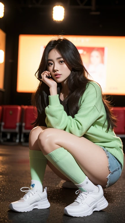 highest quality，26 years old，woman，Long Hair，bionde，Soft wavy hairstyle，With big eyes、green，bright、Has a lively expression，Healthy and bright skin tone，Thick lips，From below，whole body，Looking at the camera，Cinema Lighting，street，sexly，Big Breasts，Cinema Lighting，Staring at the camera provocatively，hot pants，Knee-high socks，Thick soled sneakers，