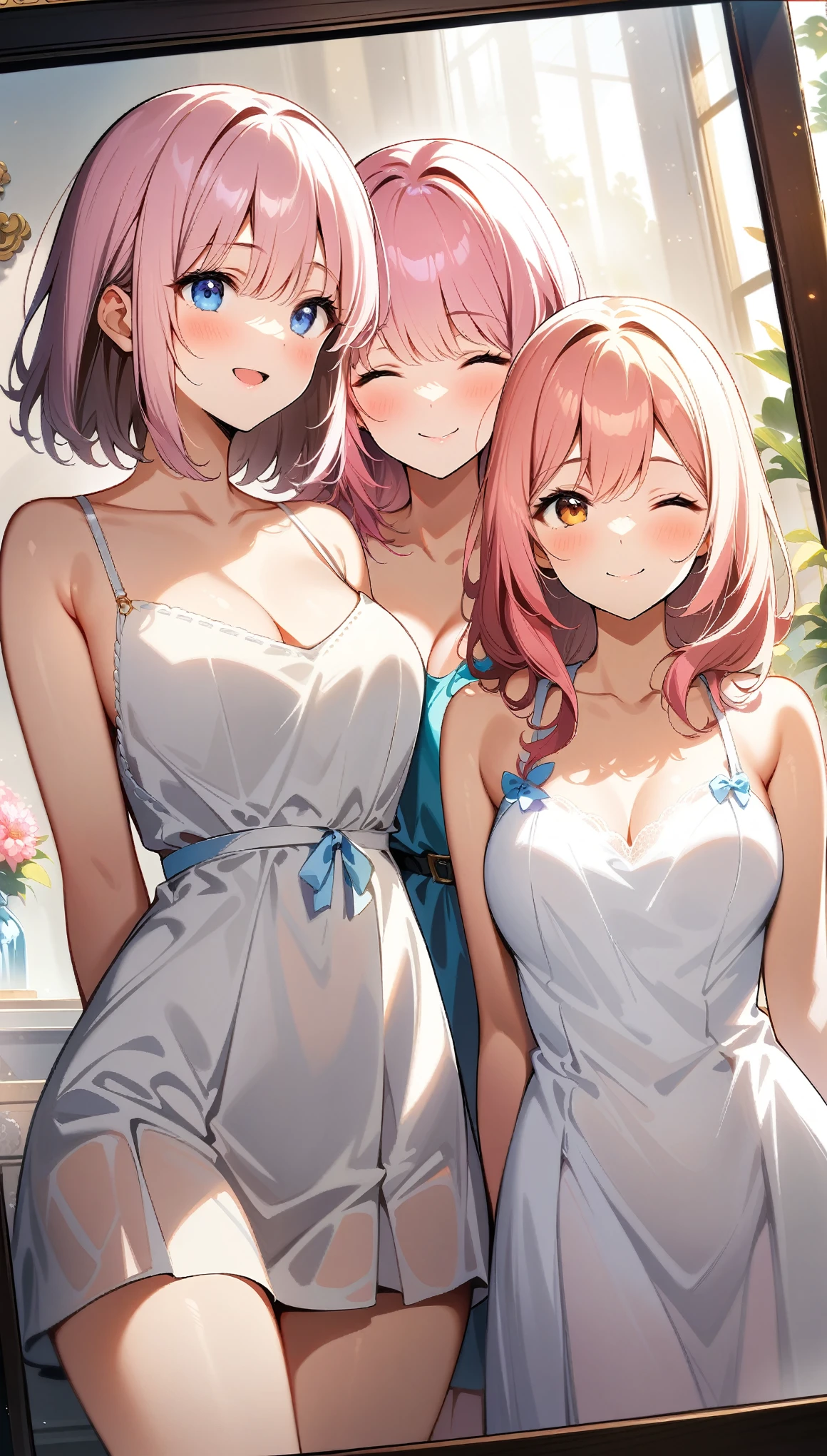 3 girls, medium Hair, pink hair, cute white underwear, cute white dress, smile, Embrace each other, ((32K)), ((best quality)), ((ultra high res)), ((HDR)), ((uhd)), ((extremely detailed CG)), ((unity 32K wallpaper)), ((perfect anatomy)), (cowboy shot), (to be reflected in a mirror ),