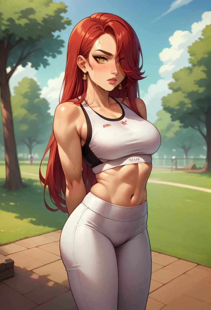 score_9, score_8_up, source_anime, 1girl, solo, JuneAvatar, makeup, red hair, hair over one eye,midriff,gold eyes,super long hair, Earrings, sports bra, yoga pants, tight pants, sweat, outdoors, park scene, arms behind back,