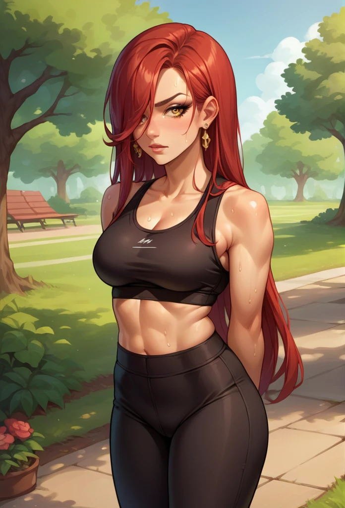 score_9, score_8_up, source_anime, 1girl, solo, JuneAvatar, makeup, red hair, hair over one eye,midriff,gold eyes,super long hair, Earrings, sports bra, yoga pants, tight pants, sweat, outdoors, park scene, arms behind back,