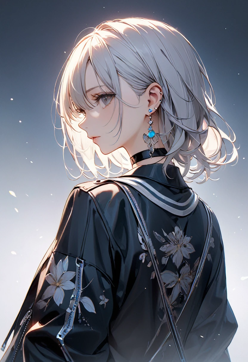 best quality, super_delicate, beautiful, 8K, expressionless, looking back, jacket, earrings, choker, concept