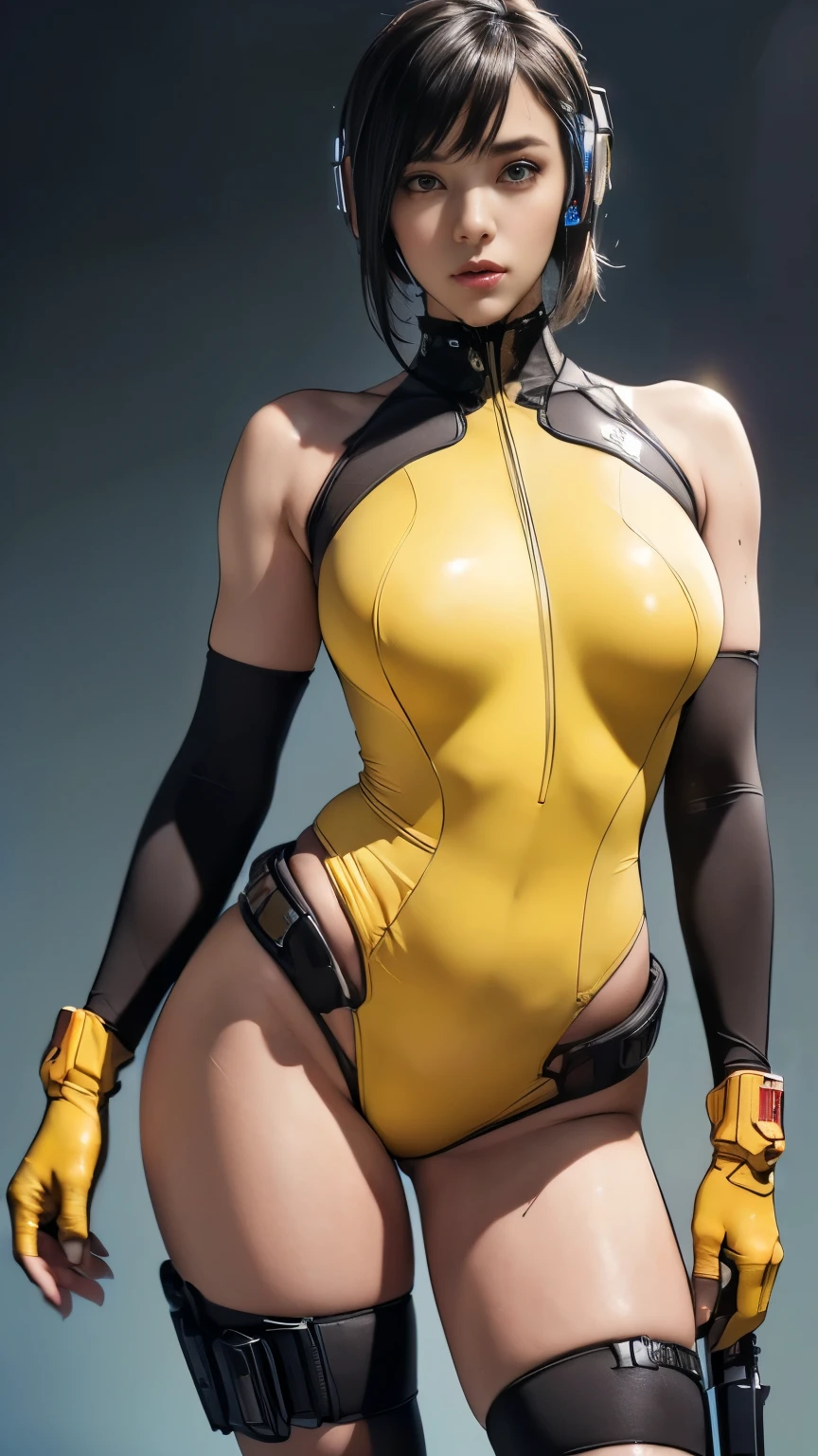 (A woman),(((A female special forces member stands))),((Yellow tactical High leg bodysuit:1.5)),((earphone:1.5)),((Tactical Holster:1.5)),(Gloves:1.5),(Serious:1.5),(Super short hair:1.5),(bionde:1.5),(beautiful eyes:1.3),(Very detailedな顔:1.5),((Very detailed drawing of a female hand:1.5)),((muscular:1.5)),(Sexy appearance:1.5),((Thick thighs:1.5)),(Beautiful Body:1.5),((Very sensual:1.5)),(The backdrop is a futuristic city:1.5),(Cyberpunk atmosphere:1.5),(((Blurred Background:1.5))),(Written border depth:1.5),rest(((masterpiece:1.5),(best quality:1.5),(Very detailed:1.5),(high resolution:1.5),(Practical:1.5),(Practical:1.5),(Delicate depiction),(Carefully drawn))),8k,wallpaper