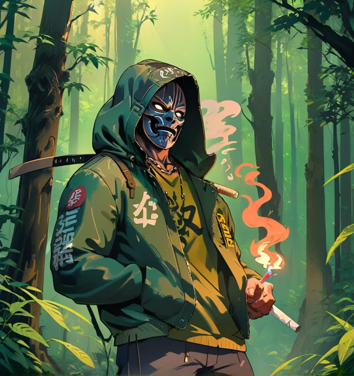 A muscular, masked figure with a mischievous grin, exhaling smoke from a cigarette, stands in a shadowy, overgrown forest. The figure wears a hooded jacket, a necklace, and a patch that reads "420". A katana is strapped to their back. The scene is filled with an air of mystery and danger. [Digital painting, cyberpunk, anime, inspired by the works of Yoshitaka Amano and Hajime Sorayama], [Medium close-up shot, shallow depth of field, soft lighting, muted colors, textured brushstrokes, heavy smoke, overgrown forest background, realistic rendering]