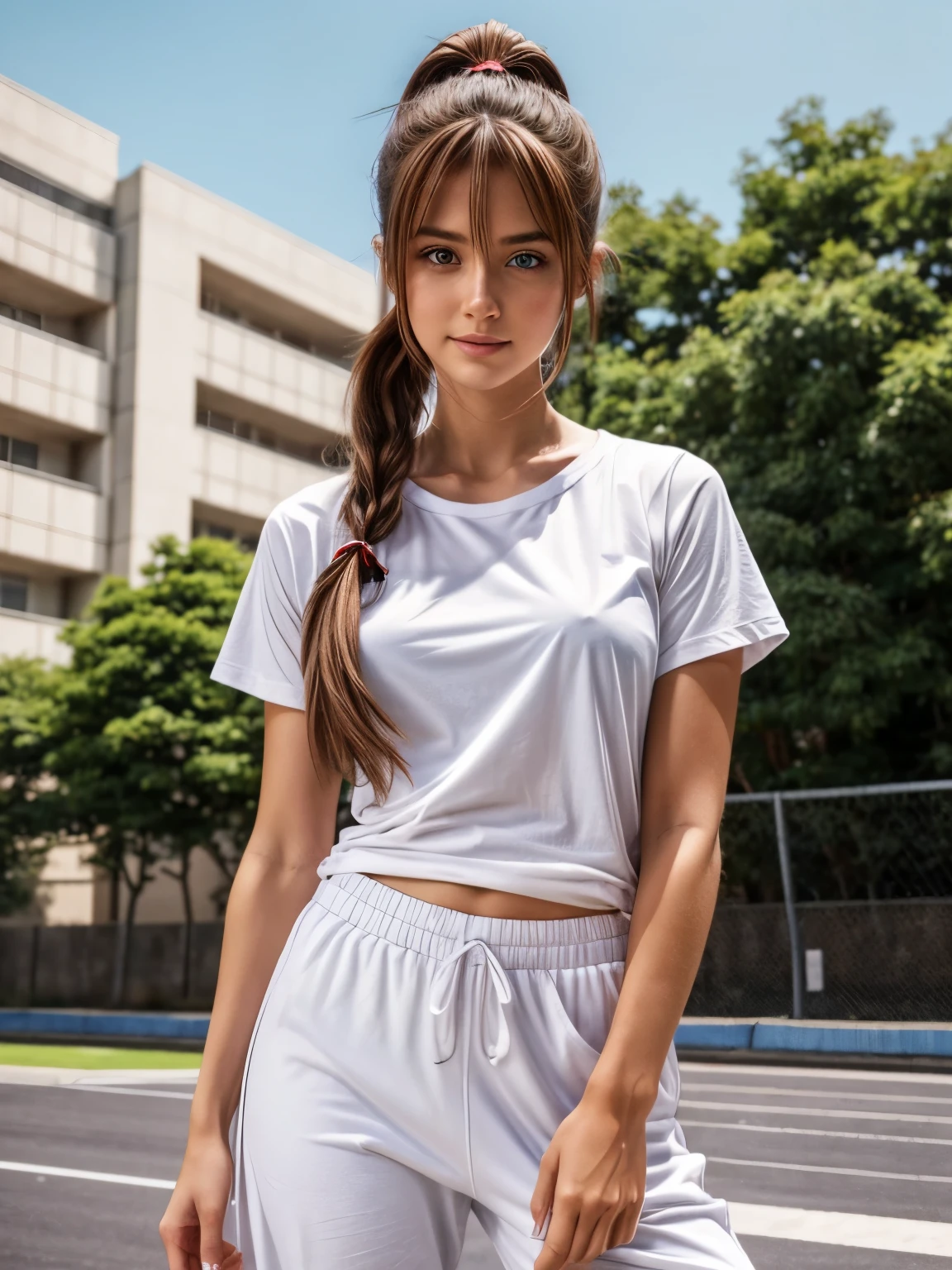 Un primer plano de una mujer con una long loose white t-shirt, short sleeve t-shirt, round neck t-shirt y pantalones (High resolution, Best Quality), Asuka Langley soryu, Beautiful mixed face of pretty German babe. beautiful face, Beautiful detailed blue eyes, beautiful body, standing, (full shot:1.5), Tokyo Street, Long brown hair with twin tails, Red ribbon, long loose white t-shirt, short sleeve t-shirt, round neck t-shirt, sweatpants, sneakers, Combines realism and anime influences., happy face, volley field background, Intense beautiful look,