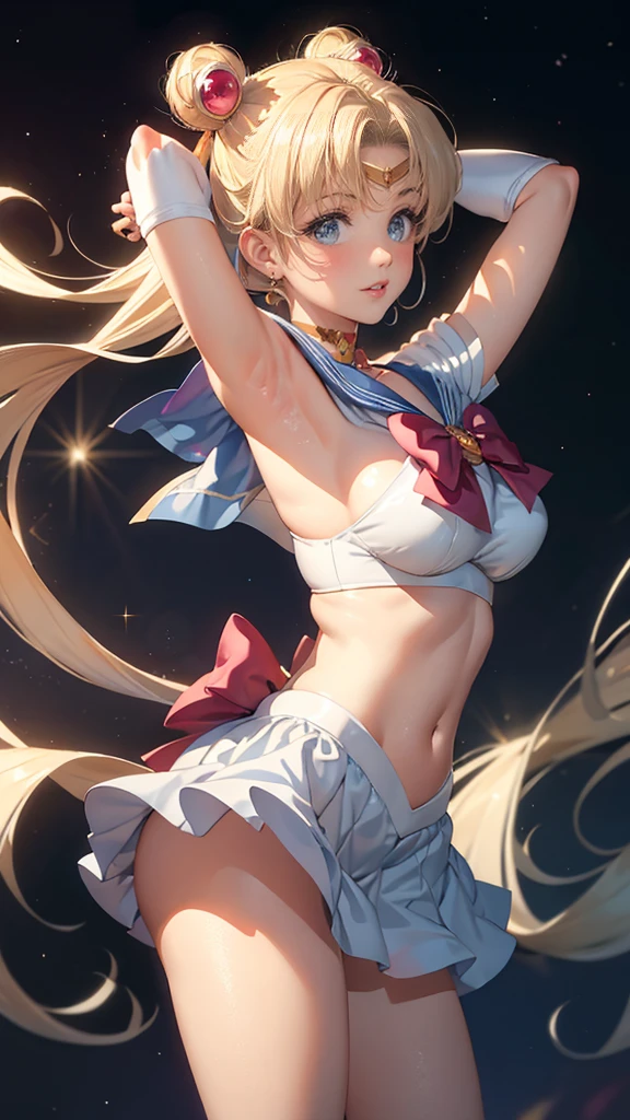 masterpiece, The best quality, 1girl,Tsukino Usagi,Gray background, gloves, breasts, blush, TURN ON, shiny skin, lips, showing armpits perfect ass, half naked, blue mini skirt, smiling, blonde girl. Sexy pose