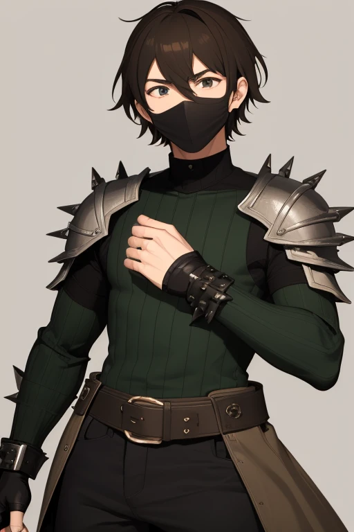 16 year old boy, which measures 1.71 cm, coffee-colored skin with milk, with bangs that cover a little of his right eye, brown hair color, with a metal mask with 3 black vertical lines, a metal mask, totally black eyes with a bright lime green dot, White shirt, swamp green sweater on the outside and black on the inside with the right sleeve torn to the shoulder, spiked metal shoulder pads, a black fingerless glove on the left hand, the right arm completely metal, dark blue pants and brown anime-style boots