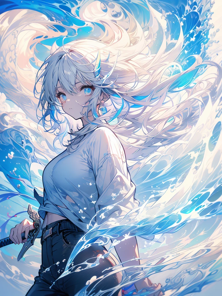 Woman, cute, baggy shirt, tight pants, looking up, sword, white hair, light blue, ice, waves, double teeth, nude