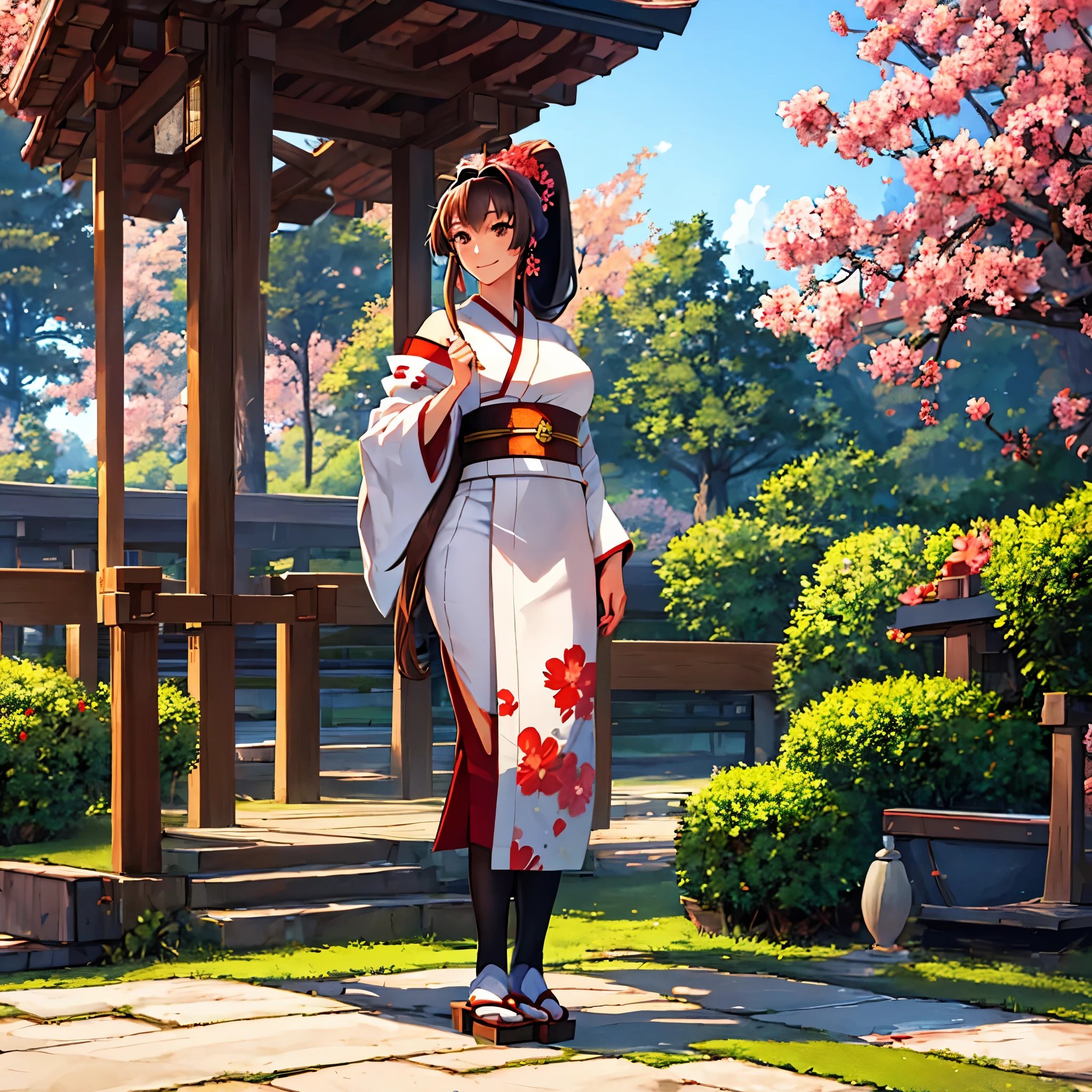 A woman wearing a white kimono, long-sleeved kimono, long-skirted kimono, red flower designs on the kimono, large breasts, wearing earrings with the Japanese red sun flag, brown hair, long hair, ponytail hair, flowers in her hair , brown eyes, perfect face, perfect eyes, smiling, standing posture, wooden shoes, on a stone sidewalk, Japanese garden location with traditional Japanese gazebo, trees in the background, lawn, daytime location, Kantai_Collection, IJN_Yamato.
