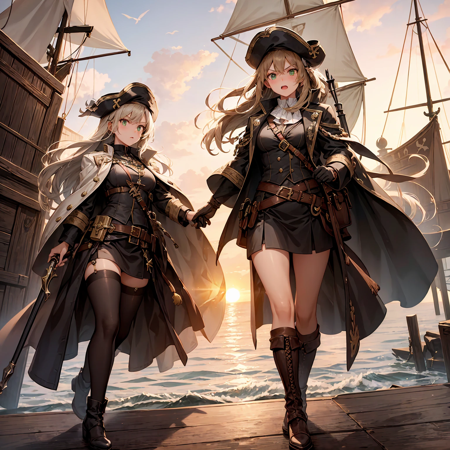 ((full body shot)) of a girl in rugged, stylish pirate attire with leather boots, a tricorn hat, and a billowing coat, standing on the deck of an ancient, weathered pirate ship. She has long, flowing brown hair and piercing green eyes. Her skin is sun-kissed, and she has a few scars that hint at past battles. She holds a gleaming cutlass in one hand and an ornate flintlock pistol in the other. The atmosphere is {adventurous|tense}, with the open sea and a setting sun casting golden hues across the scene. The ground beneath her is wooden planks, reflecting the light of the setting sun and adding to the nautical ambiance. Surrounding her are coiled ropes and scattered barrels in shades of {brown|gold}, casting a warm, maritime glow. The background features billowing sails and a distant, stormy horizon, hinting at impending adventure and danger. The scene is vibrant and energetic, with her face showing a fierce yet confident expression, her eyes focused intently on the horizon.

[Best quality], [Masterpiece], [Ultra-detailed], [4k], {adventurous|tense} atmosphere, pirate ship, {dynamic pose|heroic pose}, sunset illumination, {soft shadows|dramatic lighting}, {reflected light on wooden planks:0.7}, {billowing sails:0.6}, {coiled ropes:0.5}, {stormy horizon:0.4}, {scattered barrels:0.3}.