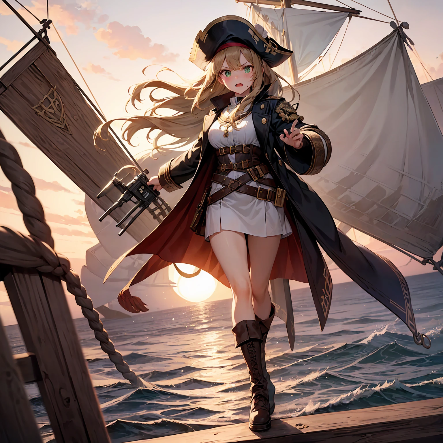 ((full body shot)) of a girl in rugged, stylish pirate attire with leather boots, a tricorn hat, and a billowing coat, standing on the deck of an ancient, weathered pirate ship. She has long, flowing brown hair and piercing green eyes. Her skin is sun-kissed, and she has a few scars that hint at past battles. She holds a gleaming cutlass in one hand and an ornate flintlock pistol in the other. The atmosphere is {adventurous|tense}, with the open sea and a setting sun casting golden hues across the scene. The ground beneath her is wooden planks, reflecting the light of the setting sun and adding to the nautical ambiance. Surrounding her are coiled ropes and scattered barrels in shades of {brown|gold}, casting a warm, maritime glow. The background features billowing sails and a distant, stormy horizon, hinting at impending adventure and danger. The scene is vibrant and energetic, with her face showing a fierce yet confident expression, her eyes focused intently on the horizon.

[Best quality], [Masterpiece], [Ultra-detailed], [4k], {adventurous|tense} atmosphere, pirate ship, {dynamic pose|heroic pose}, sunset illumination, {soft shadows|dramatic lighting}, {reflected light on wooden planks:0.7}, {billowing sails:0.6}, {coiled ropes:0.5}, {stormy horizon:0.4}, {scattered barrels:0.3}.