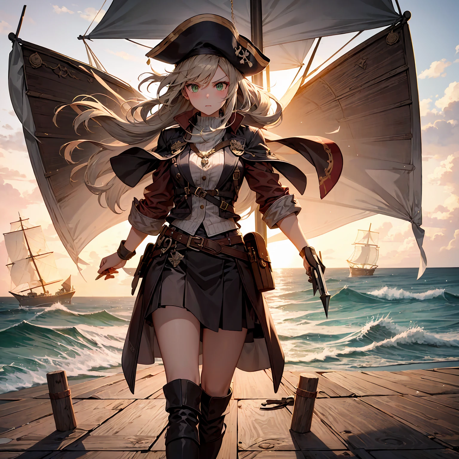 ((full body shot)) of a girl in rugged, stylish pirate attire with leather boots, a tricorn hat, and a billowing coat, standing on the deck of an ancient, weathered pirate ship. She has long, flowing brown hair and piercing green eyes. Her skin is sun-kissed, and she has a few scars that hint at past battles. She holds a gleaming cutlass in one hand and an ornate flintlock pistol in the other. The atmosphere is {adventurous|tense}, with the open sea and a setting sun casting golden hues across the scene. The ground beneath her is wooden planks, reflecting the light of the setting sun and adding to the nautical ambiance. Surrounding her are coiled ropes and scattered barrels in shades of {brown|gold}, casting a warm, maritime glow. The background features billowing sails and a distant, stormy horizon, hinting at impending adventure and danger. The scene is vibrant and energetic, with her face showing a fierce yet confident expression, her eyes focused intently on the horizon.

[Best quality], [Masterpiece], [Ultra-detailed], [4k], {adventurous|tense} atmosphere, pirate ship, {dynamic pose|heroic pose}, sunset illumination, {soft shadows|dramatic lighting}, {reflected light on wooden planks:0.7}, {billowing sails:0.6}, {coiled ropes:0.5}, {stormy horizon:0.4}, {scattered barrels:0.3}.