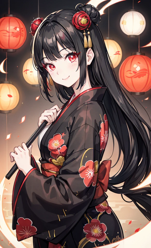 One Girl, Black Hair, Red eyes, daughter, woman, yukata, smile, 