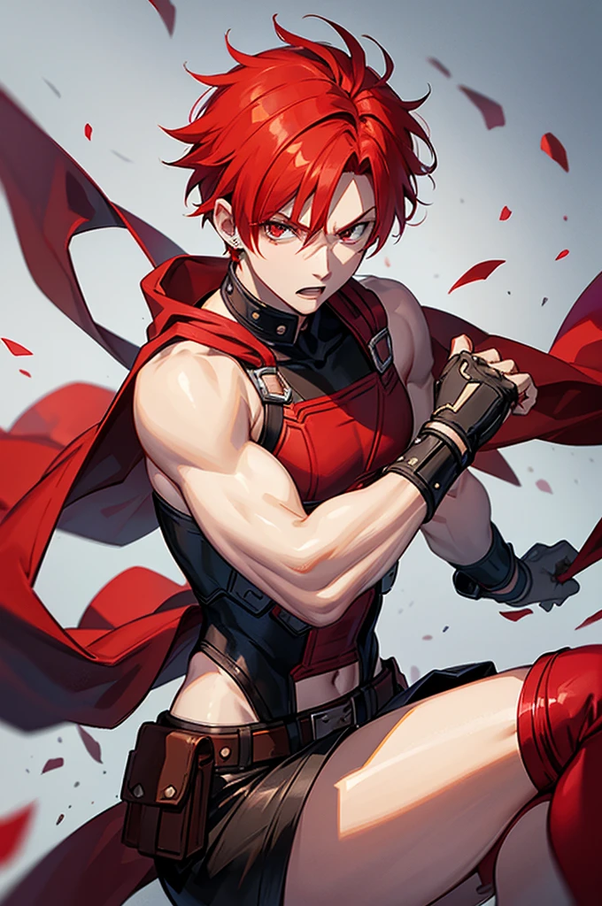 redhead boy, red power, short hair, shaved hair on the sides, red eyes, boku no hero style, red and black short hair, mad expression, earrings