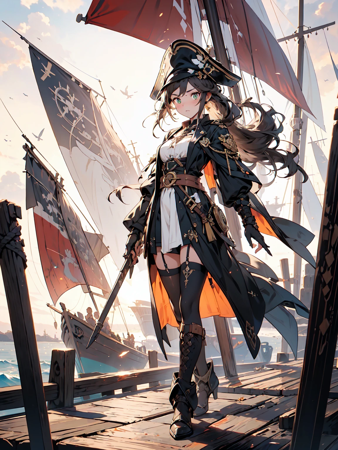 ((full body shot)) of a girl in rugged, stylish pirate attire with leather boots, a tricorn hat, and a billowing coat, standing on the deck of an ancient, weathered pirate ship. She has long, flowing brown hair and piercing green eyes. Her skin is sun-kissed, and she has a few scars that hint at past battles. She holds a gleaming cutlass in one hand and an ornate flintlock pistol in the other. The atmosphere is {adventurous|tense}, with the open sea and a setting sun casting golden hues across the scene. The ground beneath her is wooden planks, reflecting the light of the setting sun and adding to the nautical ambiance. Surrounding her are coiled ropes and scattered barrels in shades of {brown|gold}, casting a warm, maritime glow. The background features billowing sails and a distant, stormy horizon, hinting at impending adventure and danger. The scene is vibrant and energetic, with her face showing a fierce yet confident expression, her eyes focused intently on the horizon.

[Best quality], [Masterpiece], [Ultra-detailed], [4k], {adventurous|tense} atmosphere, pirate ship, {dynamic pose|heroic pose}, sunset illumination, {soft shadows|dramatic lighting}, {reflected light on wooden planks:0.7}, {billowing sails:0.6}, {coiled ropes:0.5}, {stormy horizon:0.4}, {scattered barrels:0.3}.