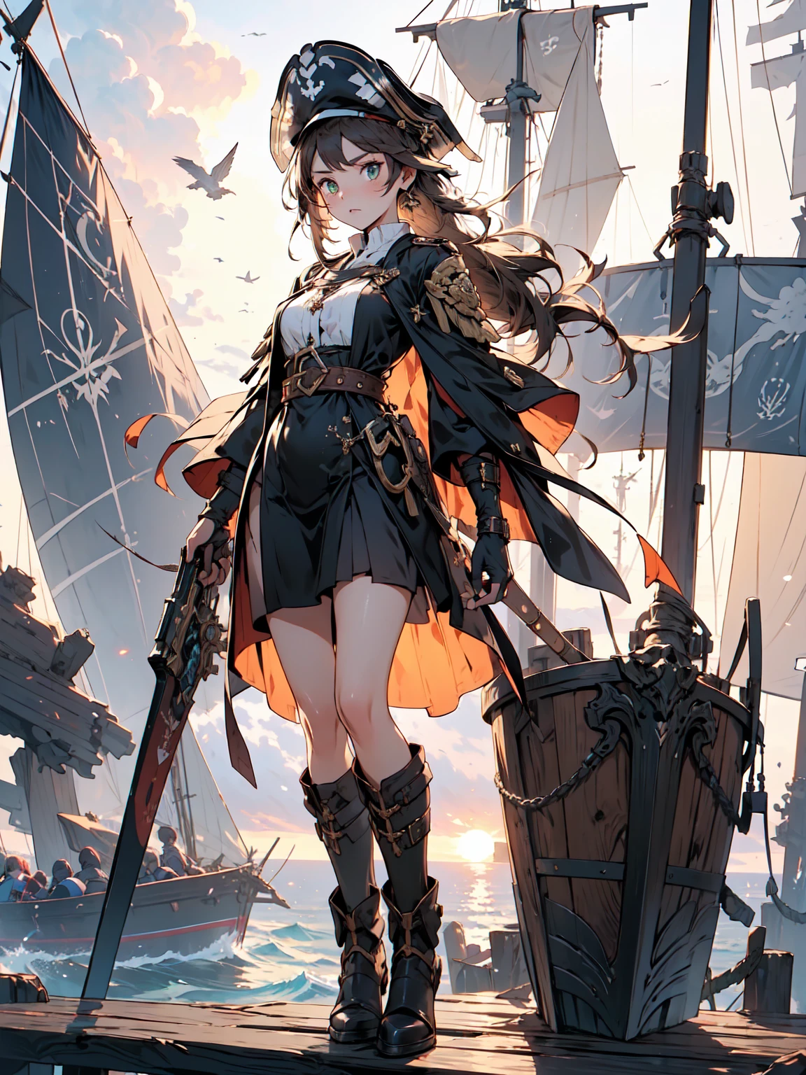 ((full body shot)) of a girl in rugged, stylish pirate attire with leather boots, a tricorn hat, and a billowing coat, standing on the deck of an ancient, weathered pirate ship. She has long, flowing brown hair and piercing green eyes. Her skin is sun-kissed, and she has a few scars that hint at past battles. She holds a gleaming cutlass in one hand and an ornate flintlock pistol in the other. The atmosphere is {adventurous|tense}, with the open sea and a setting sun casting golden hues across the scene. The ground beneath her is wooden planks, reflecting the light of the setting sun and adding to the nautical ambiance. Surrounding her are coiled ropes and scattered barrels in shades of {brown|gold}, casting a warm, maritime glow. The background features billowing sails and a distant, stormy horizon, hinting at impending adventure and danger. The scene is vibrant and energetic, with her face showing a fierce yet confident expression, her eyes focused intently on the horizon.

[Best quality], [Masterpiece], [Ultra-detailed], [4k], {adventurous|tense} atmosphere, pirate ship, {dynamic pose|heroic pose}, sunset illumination, {soft shadows|dramatic lighting}, {reflected light on wooden planks:0.7}, {billowing sails:0.6}, {coiled ropes:0.5}, {stormy horizon:0.4}, {scattered barrels:0.3}.