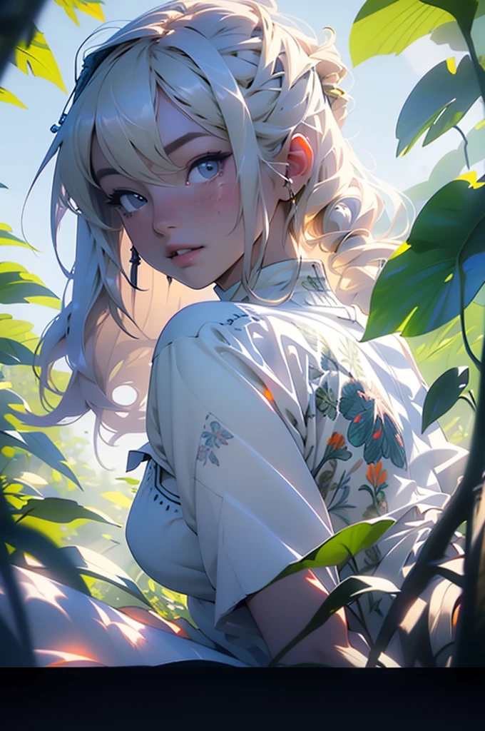 a relaxed girl in a field of leaves, lo-fi digital art, intricate leaf patterns, warm lighting, soft focus, 4k, high quality, photorealistic, masterpiece, vibrant colors, nature scene
