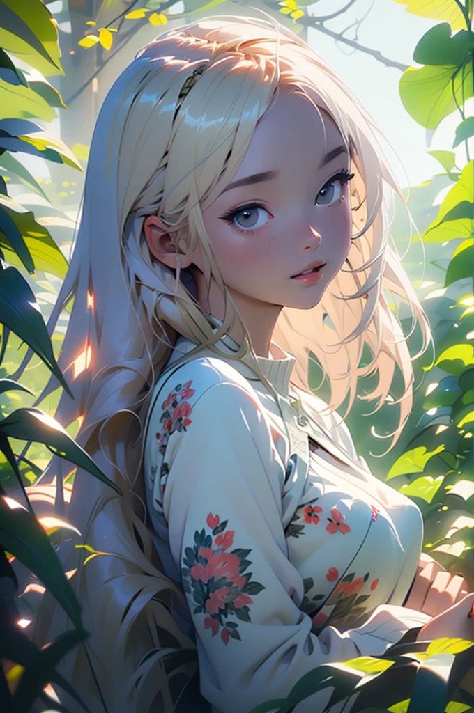 a relaxed girl in a field of leaves, lo-fi digital art, intricate leaf patterns, warm lighting, soft focus, 4k, high quality, photorealistic, masterpiece, vibrant colors, nature scene