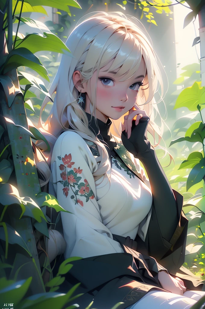 a relaxed girl in a field of leaves, lo-fi digital art, intricate leaf patterns, warm lighting, soft focus, 4k, high quality, photorealistic, masterpiece, vibrant colors, nature scene