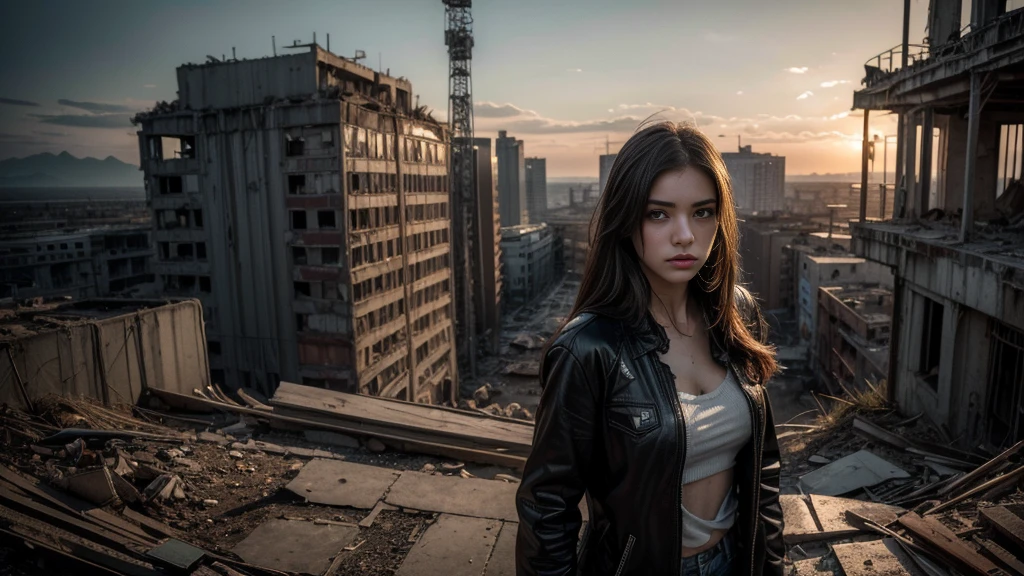 ((masterpiece, best quality, Highest image quality, high resolution, Reality, RAW photos, 8K)), Future city ruins,The post-nuclear world,Beautiful girl,Broken clothes,Pretty face,dirty,Closed mouth,dramatic,Mid-range portrait,dusk