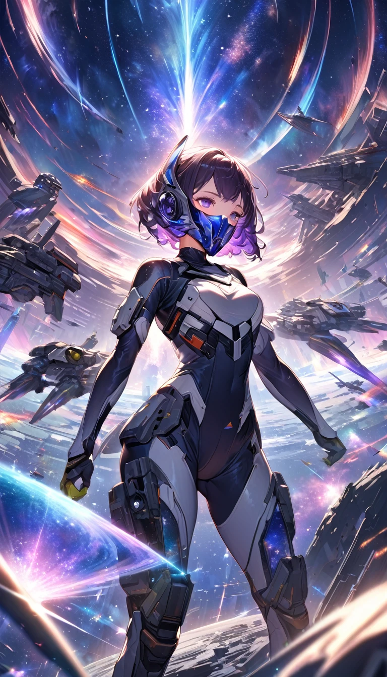 beautiful space Squadron girl, beautiful face hidden by metal plated cool mask, covered in tattoos, great proportion, tight fitting combat uniform, background invertebrate-like enemy group, destroyed space city, galaxy, iridescent cosmic rays, 2.5D, delicate and dynamic, art