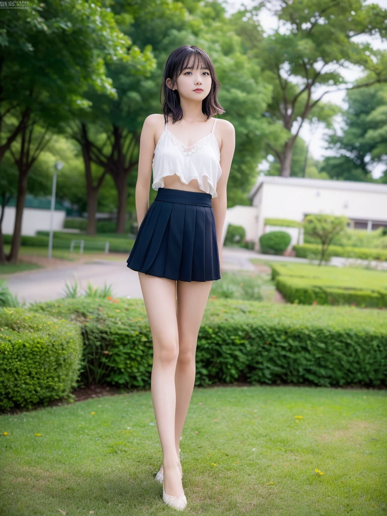 (masterpiece, Highest quality:1.4), Award-winning portraits, 8k, 85mm, alone, Beautiful Face, Delicate girl,  (On the grass), Sophisticated, cute, 15 years old, RAW Photos, Confused, High resolution, Sharp focus, Background Blur、(((flat  、thin and delicate body、Childish atmosphere)))、Glossy short bob、Mole on the left cheek、 Dark blue eyes、the skirt is swaying in the wind、Hair swaying in the wind、sexy、flexible legs、naked、Angle shot from the ground