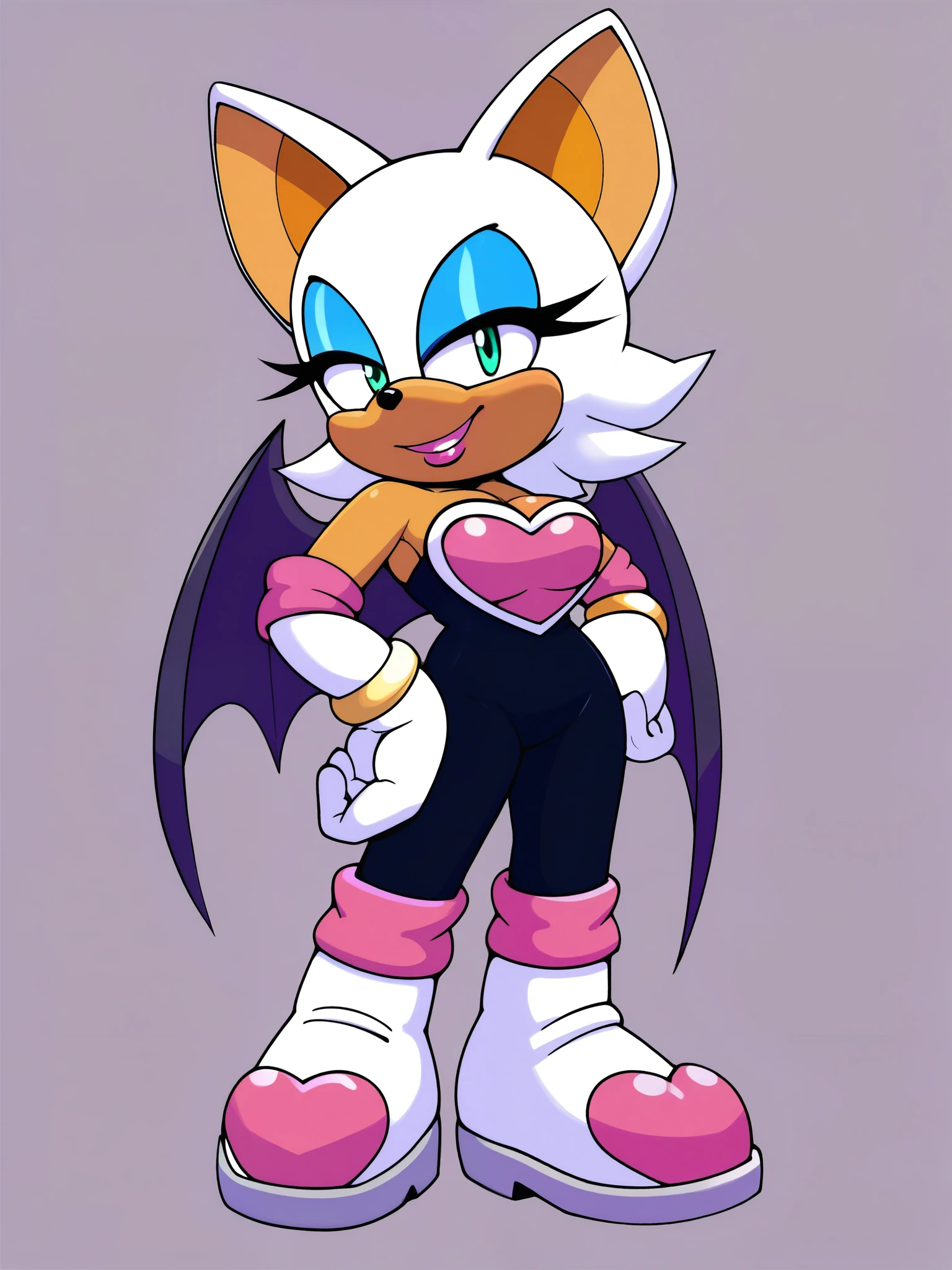 score_9, score_8_up, score_7_up, score_6_up, score_5_up, score_4_up, rouge the bat, anthro furry, (small body), orange fur, cyan eyes, bat ears, cleavage, ((rouge the bat outfit)), white boots, sleeve gloves, sexy curves, big head, (solo), (standing), (relaxed expression), seductive pose, (hand on hip), looking at viewer, seductive stare, ((smile)), (bedroom background)