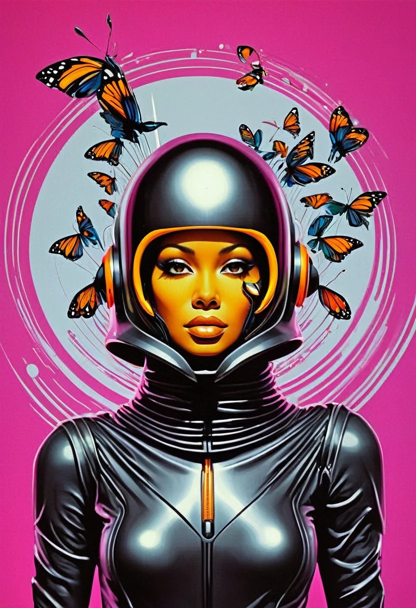 Imagine the print for a street wear style t-shirt of a futuristic humanoid with a futuristic steel helmet, The background of the image is black with bright flashes simulating that it is in outer space , It gives a metal effect, Very realistic butterflies fly around it., add geometric elements and bright sparkles , style by Yoga Pratama al