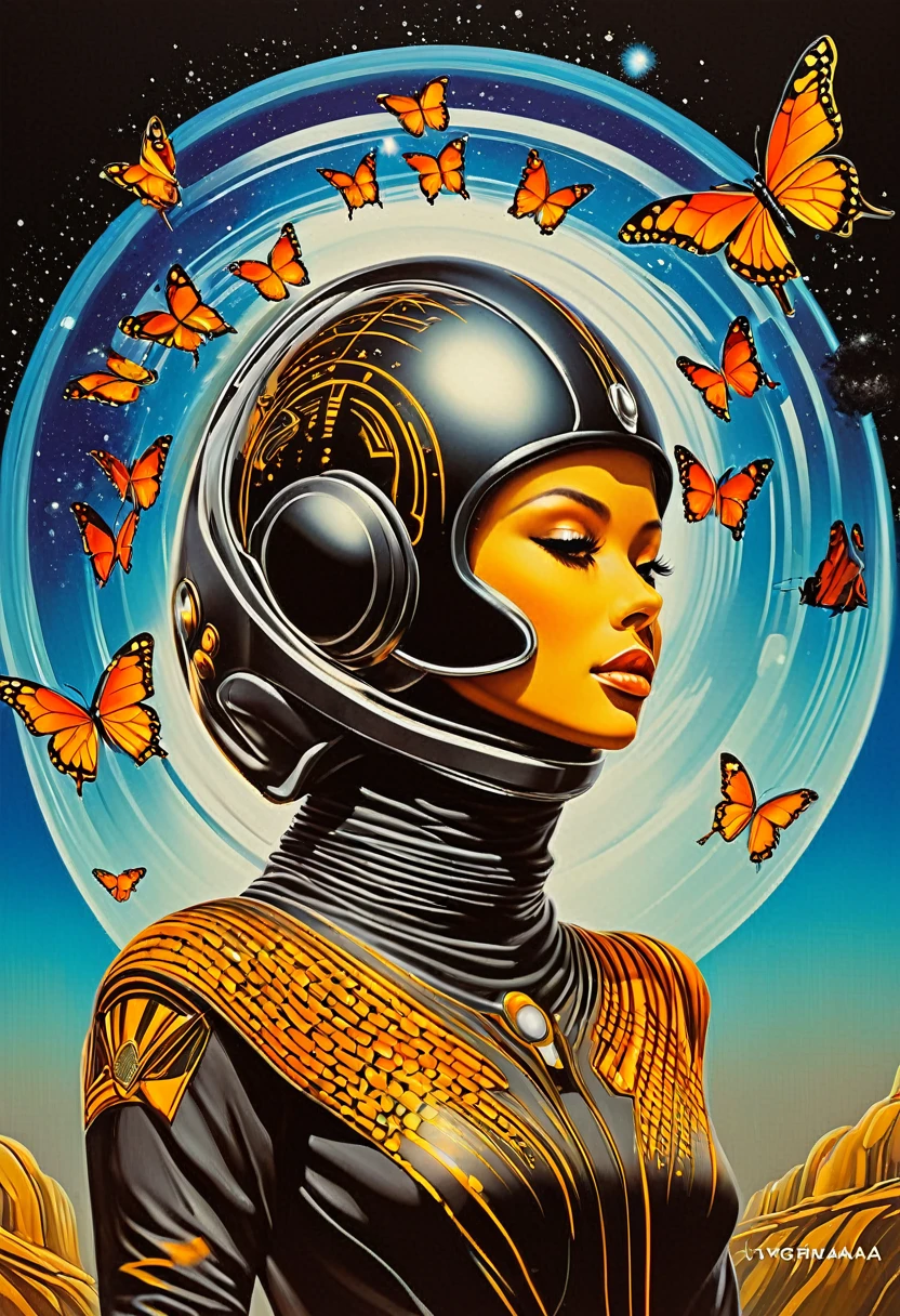 Imagine the print for a street wear style t-shirt of a futuristic humanoid with a futuristic steel helmet, The background of the image is black with bright flashes simulating that it is in outer space , It gives a metal effect, Very realistic butterflies fly around it., add geometric elements and bright sparkles , style by Yoga Pratama al