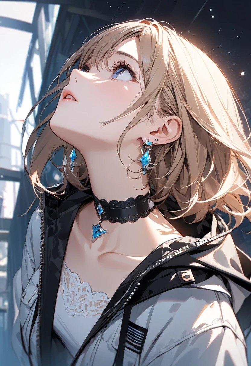 best quality, super_delicate, beautiful, 8K, looking up, jacket, earrings, choker, concept