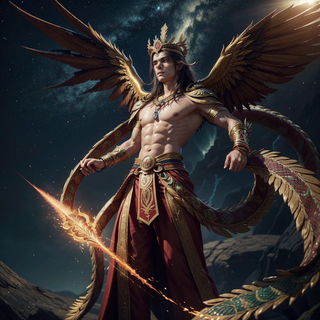 Here is a detailed description of a humanoid version of the legendary dragon Quetzalcoatl:
Appearance:
Quetzalcoatl appears in a humanoid form, but with features and characteristics that denote its divine and serpentine nature. His height is impressive, exceeding two meters, and his bearing is upright and majestic. His face has angular features, with a prominent aquiline nose and bright eyes that seem to reflect the fire of the sun. Above his head, an ornate crown of multicolored feathers rises, remembering the wings of the mythical dragon.
body:
Quetzalcoatl's body is muscular and well proportioned, covered in skin that shines with an iridescent gold and green hue, remembering the scales of a reptile. Their hands and feet have long fingers and sharp claws., demonstrating his hybrid nature ween human and dragon. Undulating tattoos that seem to come to life spread across his torso and limbs, depicting the intricate patterns of the quetzal's feathers.
outfit:
Quetzalcoatl dresses with an elegance and symbology that reflects his divine status.. He wears a white silk robe, embroidered with intricate designs of snakes and feathers. About this, joins a layer of an intense red color, that seems to glow with supernatural energy. On your wrists and ankles, wear gold bracelets and anklets, adorned with precious stones that sparkle under the light. An imposing sword, with a blade that seems carved in obsidian, rests on his waist, ready to be brandished in defense of its people.
Presence and Powers:
Quetzalcoatl radiates an aura of power and serenity that seems to attract everyone around him.. His simple presence commands respect and reverence. As a serpentine divinity, It has a deep connection with the elements of nature, capable of summoning hurricane-force winds, dazzling flames and lightning bolts tearing the sky. His strength and agility surpass those of any mortal, and his ancestral wisdom allows him to