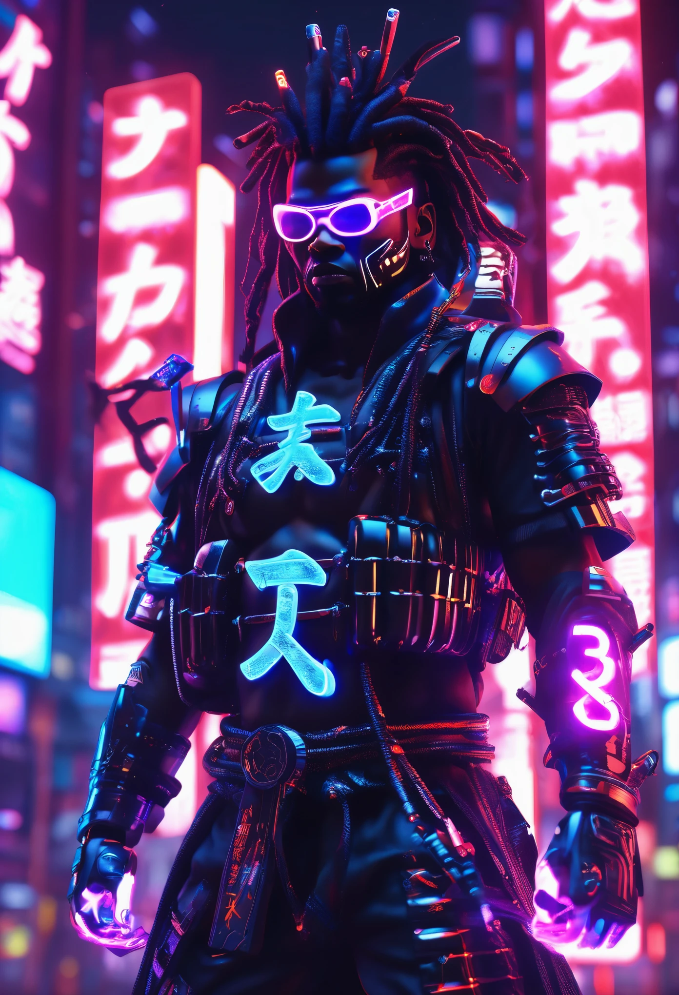 a black samurai in a cyberpunk city with neon lit 3d Japanese alphabets in air floating around him, cinematic scene, 32k, ultra HD with beautiful cinematic lighting ultra HD, hyper-realistic images, 32k, beautiful and vibrant images.