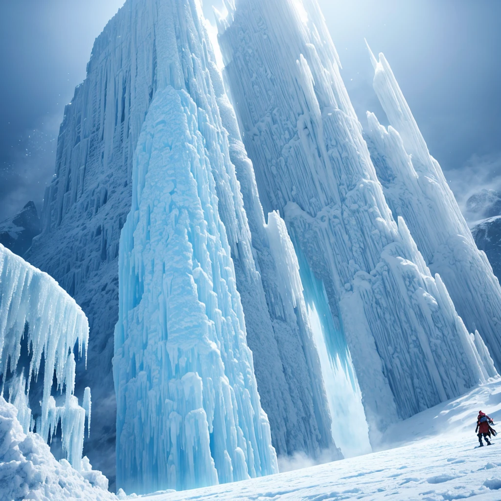 colossal titan of ice and snow, frozen mountain body, giant ice pillars, icy aura that freezes the environment, creating snow and ice storms and massive ice squalls. Ice castle scenery and frozen terrain