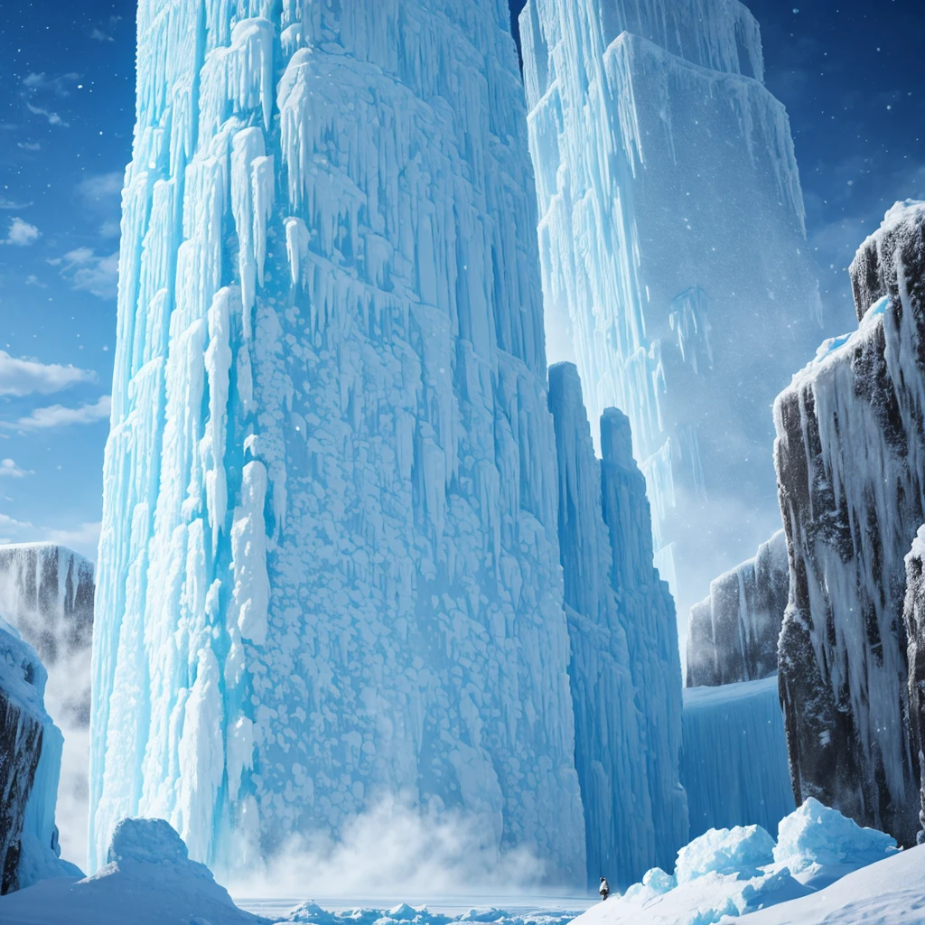 colossal titan of ice and snow, frozen mountain body, giant ice pillars, icy aura that freezes the environment, creating snow and ice storms and massive ice squalls. Ice castle scenery and frozen terrain