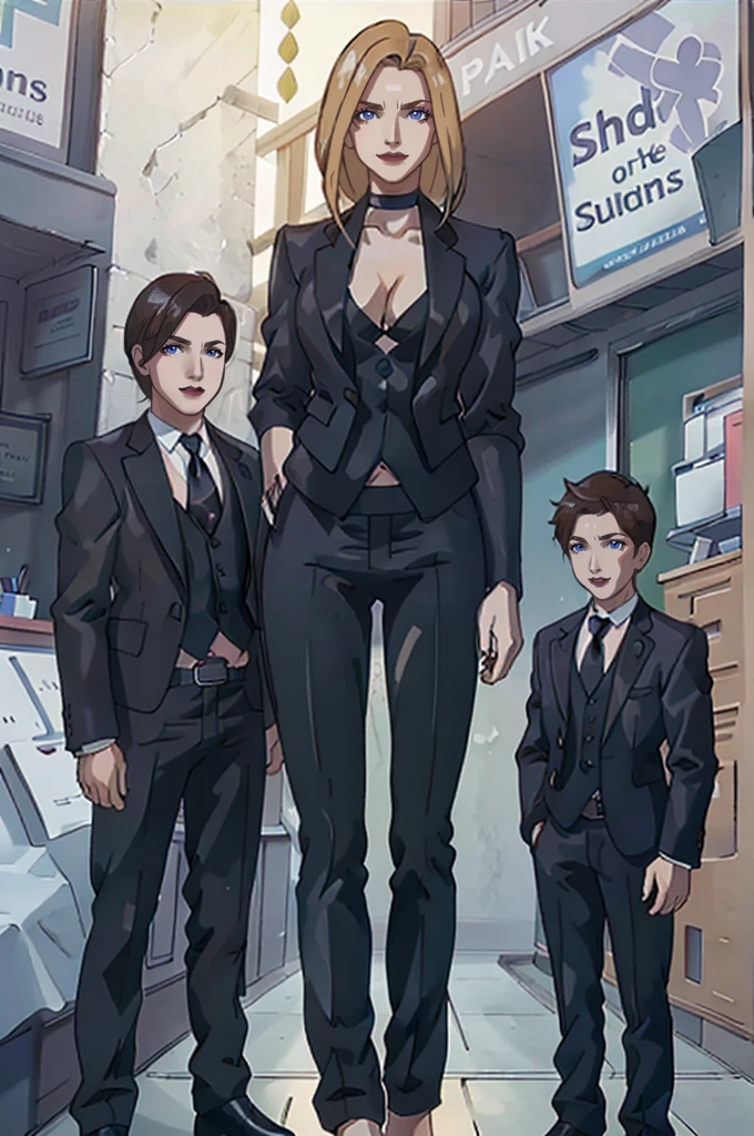 Tall wife in the middle, short husband in the left, short son in the right, beautiful faces, wife is wearing suit and pants, wife has big , wife is showing cleavage, wife is ripped, wife's suit has a belly button cutout, wife has ripped visible abs, make the girls even more taller than the boys, boys are very thin and weak, boys wearing suit and pants, wife is standing barefoot, boys are wearing office shoes