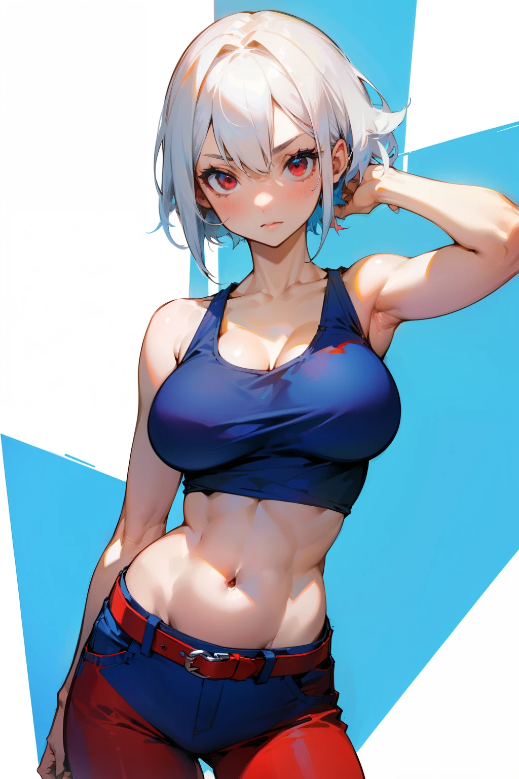 Cute girl, short white hair, red eyes, blue tank top, big breasts, exposed stomach, red belt, short blue pants 