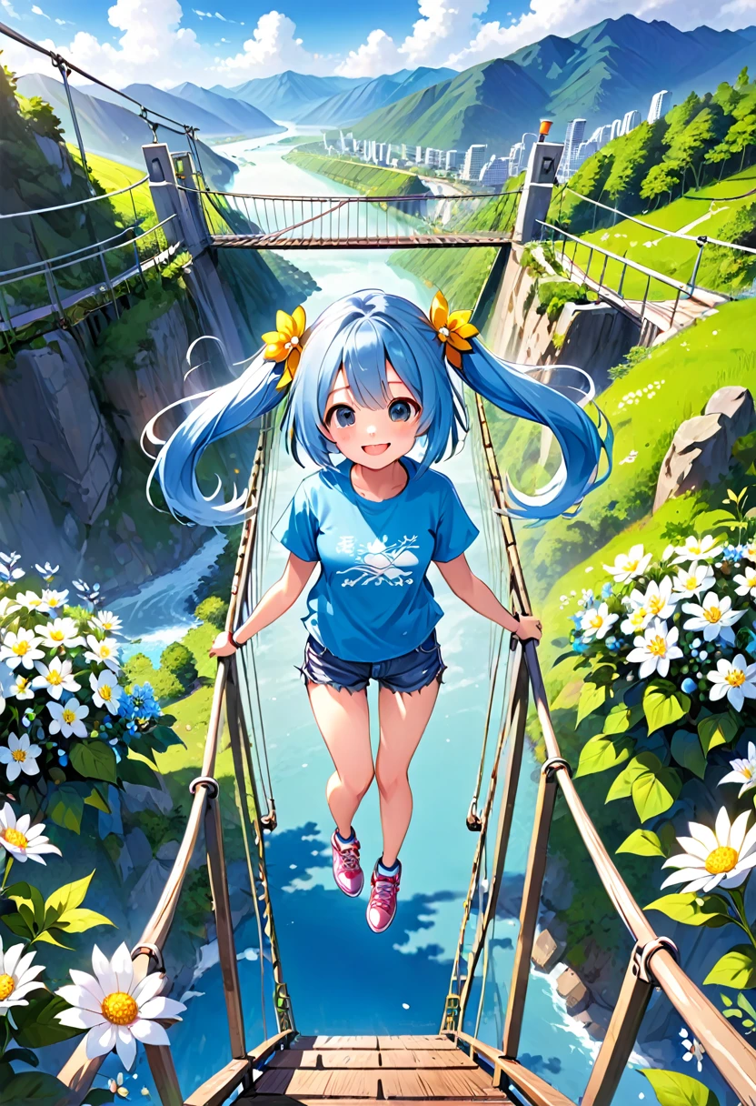 Light blue long hair、Twin-tailed Chibi Character、Bright smile、T-shirt and denim shorts、Crossing a suspension bridge over a valley、From the top of the suspension bridge、Looking fearfully into the valley、Flowers around the valley々Surrounded by