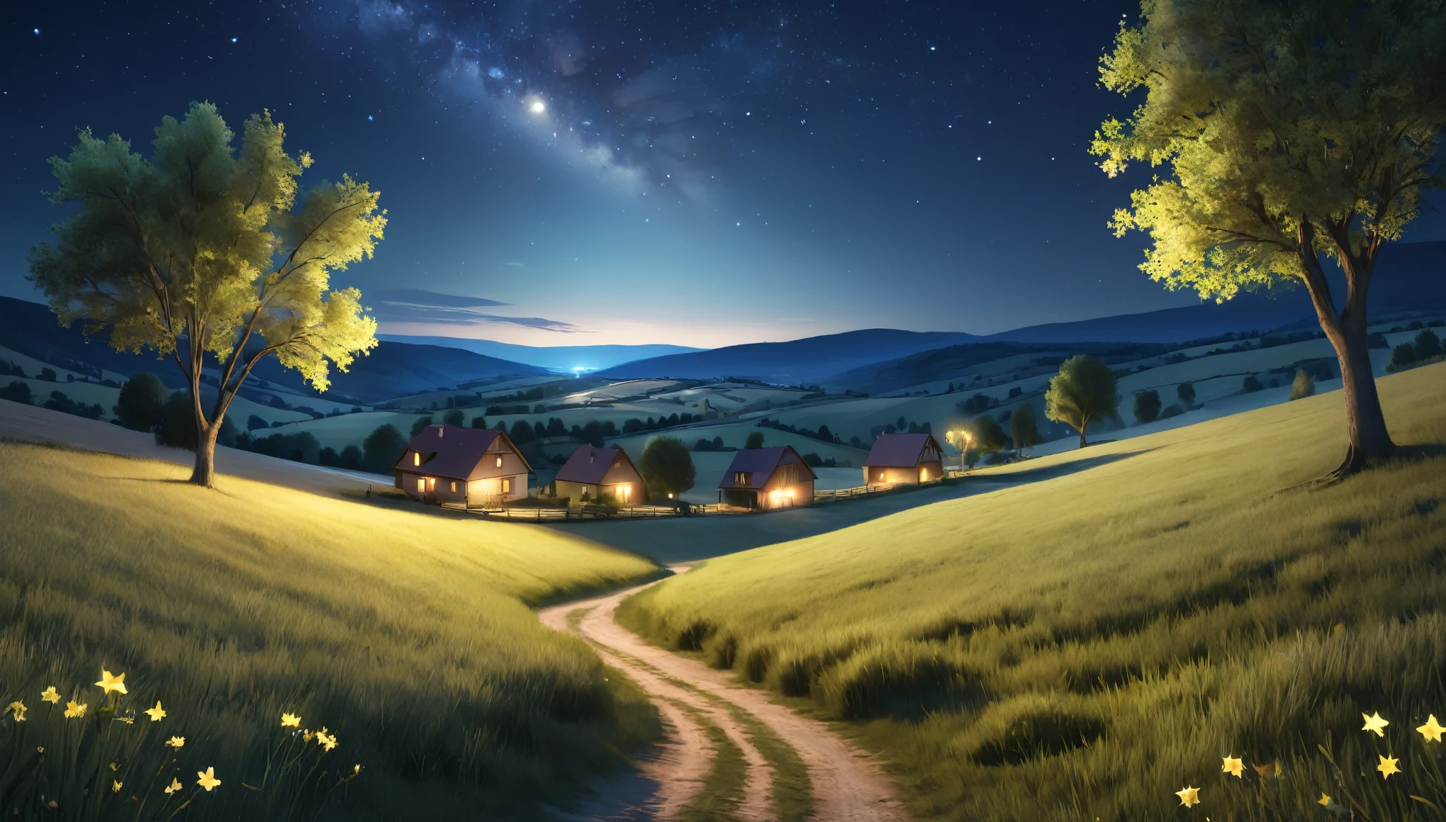 night,countryside,star,月night,Highest quality, 8k, High resolution, masterpiece:1.2, Very detailed, Realistic:1.37, High resolution, 超High resolution, Very detailed, Professional, Vibrant colors