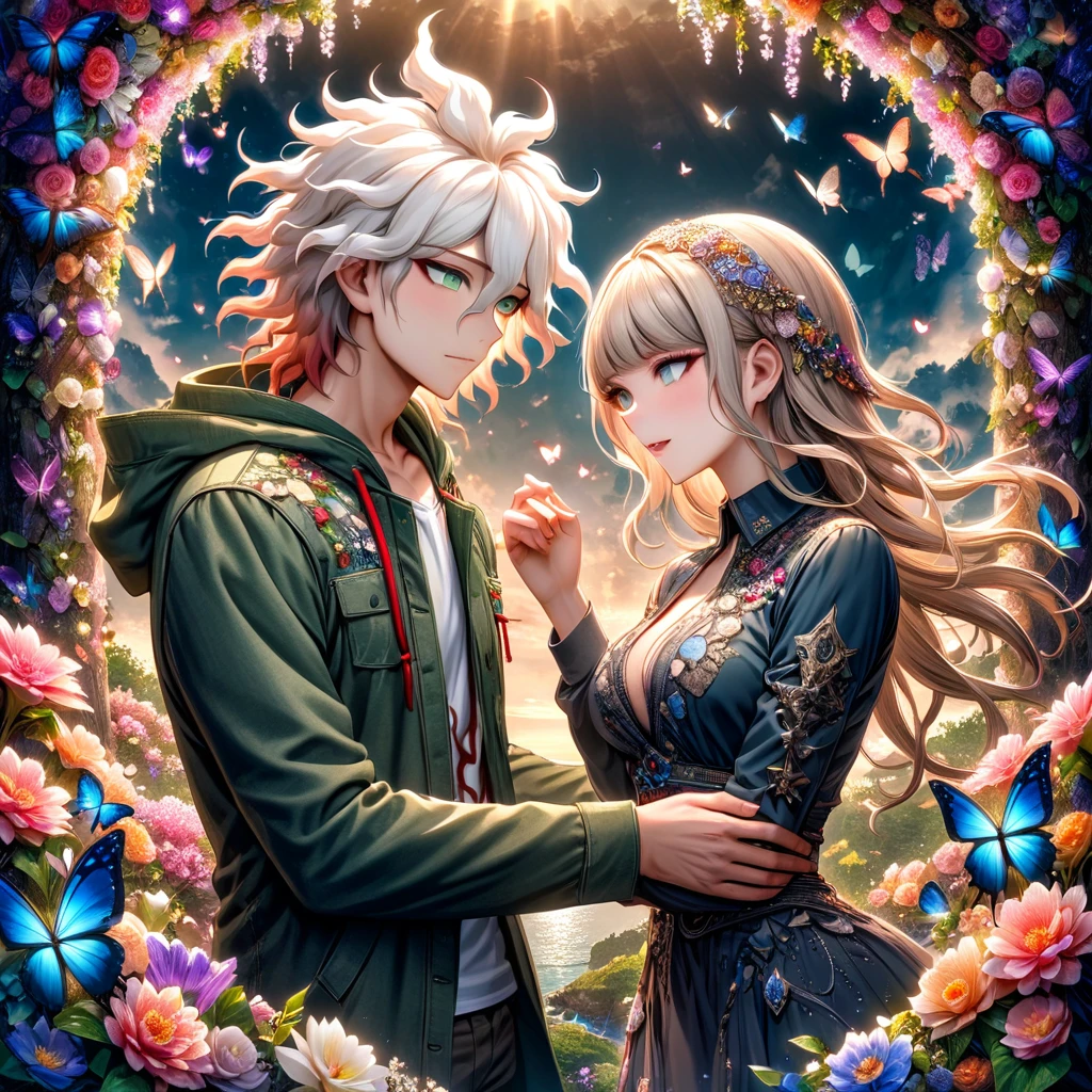 Ultra detailed, HDR, Highres, absurdres, master piece, Aida, ash blonde hair, expressive green eyes, Komaeda Nagito, white hair, expressive green-gray eyes, green coat with hoodie, white shirt, Danganronpa 2, flowers, butterflies, fantasy, magical, green leaves, summer, a beautiful woman together with a handsome man, couple, love, sensual, island