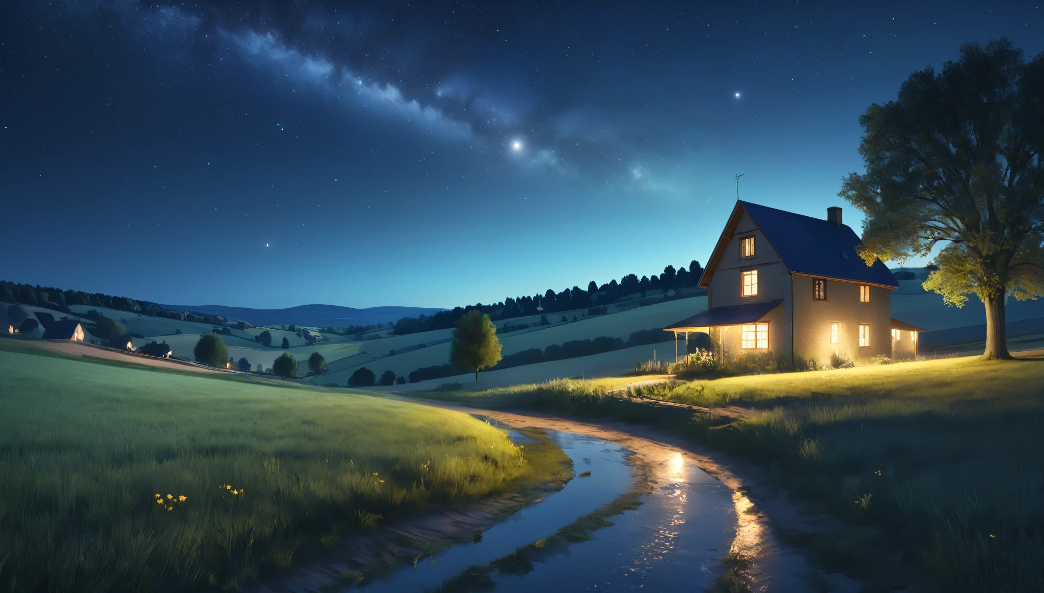 night,countryside,star,月night,Highest quality, 8k, High resolution, masterpiece:1.2, Very detailed, Realistic:1.37, High resolution, 超High resolution, Very detailed, Professional, Vibrant colors